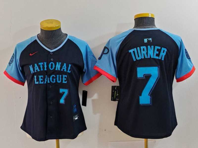 Womens Philadelphia Phillies #7 Trea Turner Number Navy 2024 All Star Limited Stitched Jersey